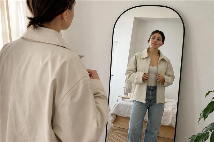 Illustrative UGC-style apparel ad frame: trying on a jacket in front of a mirror
