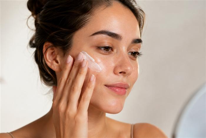 Illustrative UGC-style beauty ad frame: applying skincare cream
