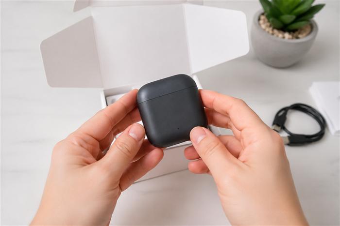 Illustrative UGC-style gadget ad frame: hands unboxing a small tech device