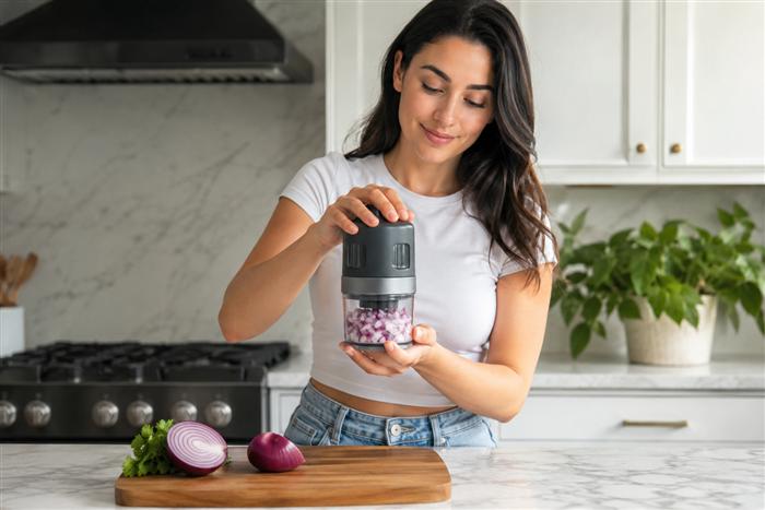 Illustrative UGC-style home goods ad frame: demonstrating a kitchen gadget on a counter