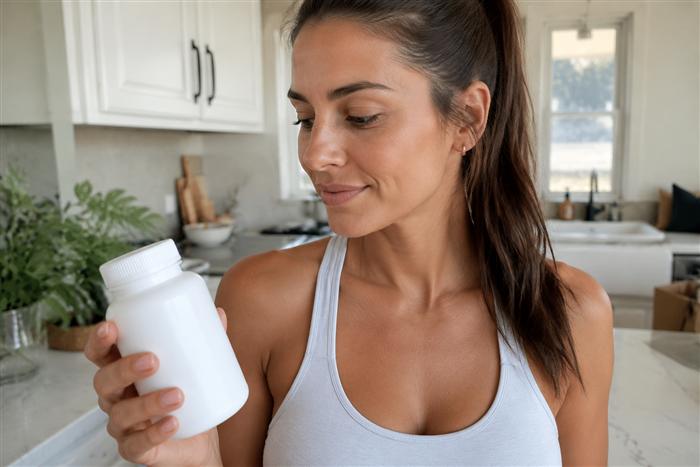 Illustrative UGC-style supplement ad frame: morning routine with a bottle